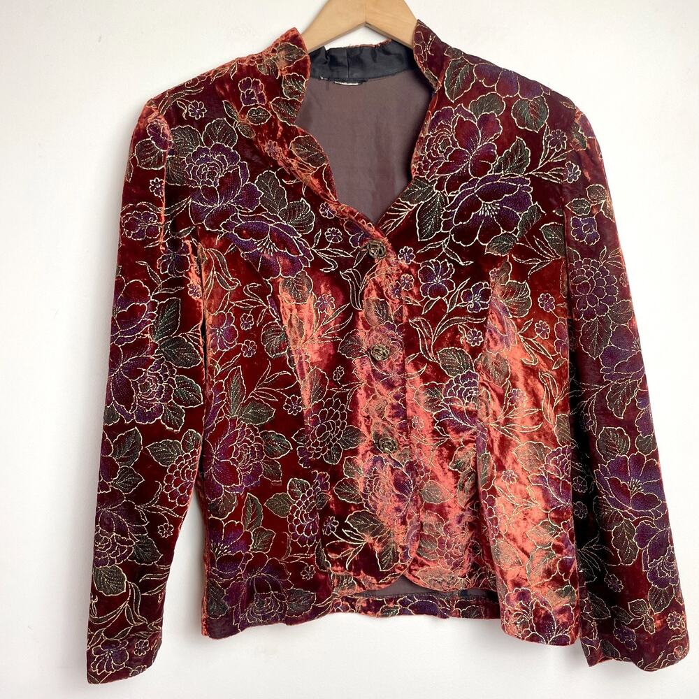 Vintage 90s Velvet Jacket Medium Burgundy Red Floral‎ Whimsigoth Fairy Metallic